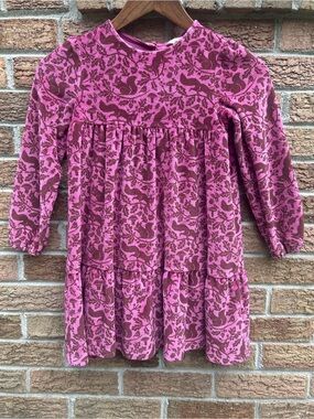 Mini Boden Pink Fall Animal-Print Tiered Long-Sleeve Dress size 7/8